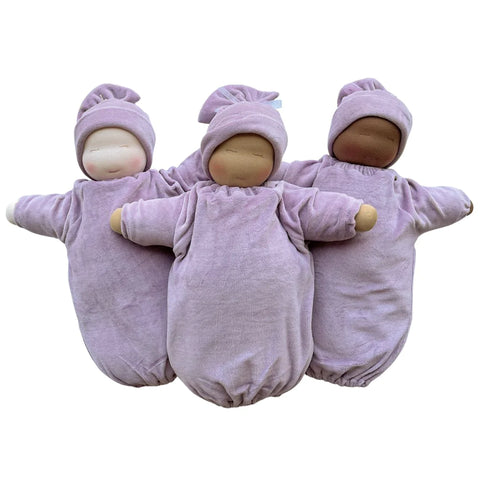 Three heavy baby waldorf sensory dolls in three different skin tones