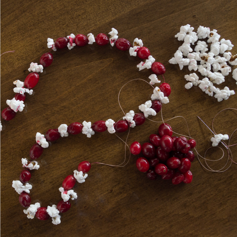 A handmade cranberry and popcorn string garland
