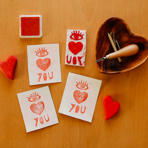 DIY Valentines made with hand carved rubber stamp