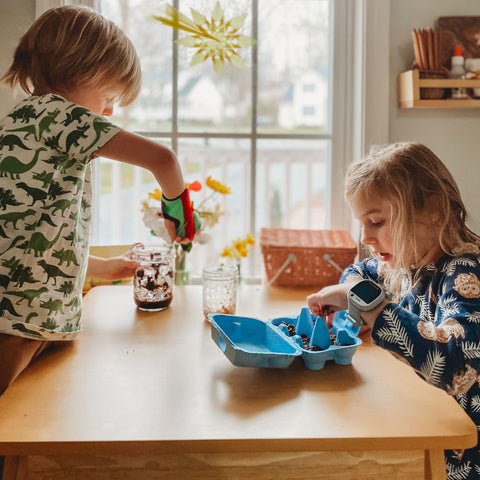 Two children sit at a table planting seeds into a recycled egg carton and a mason glass jar