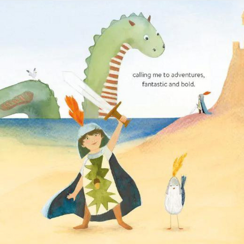 A page from the book In The Palm Of My Hand - an illustration of a boy on a sandy beach in a knight costume holding a sword, a huge green dragon is behind him in the water and a bird stands next to him on the beach