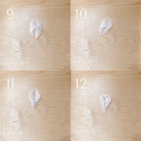 Steps nine through 12 to make a daisy shaped waldorf window star with kite paper