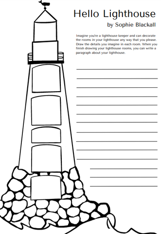 Hello Lighthouse printable with a picture of a lighthouse for children to fill in how they wish