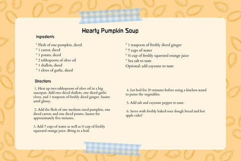 A hearty pumpkin soup printable recipe card for fall pumpkin carving