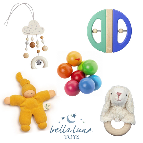 collection of travel friendly toys for babies with bella luna toys logo in the bottom center