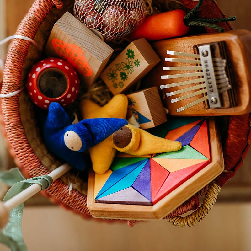 A bolga basket sits filled with goodies.