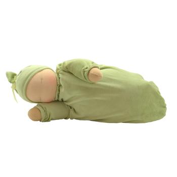 green heavy baby Waldorf doll that is filled with lavender