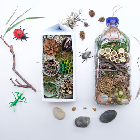 Bug hotels made out of recyled materials like a used plastic bottle and recycled milk carton