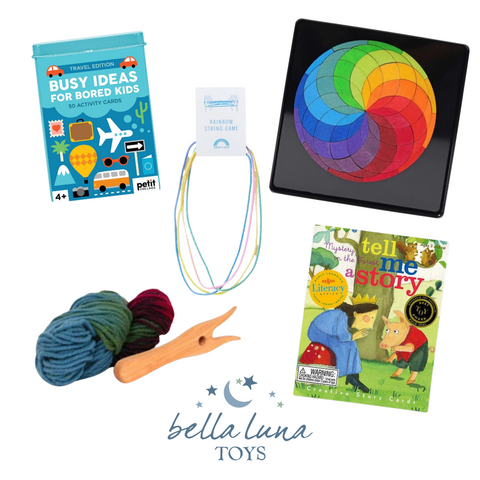 Selection of five travel toys for grade school aged children with bella luna toys logo at the center bottom