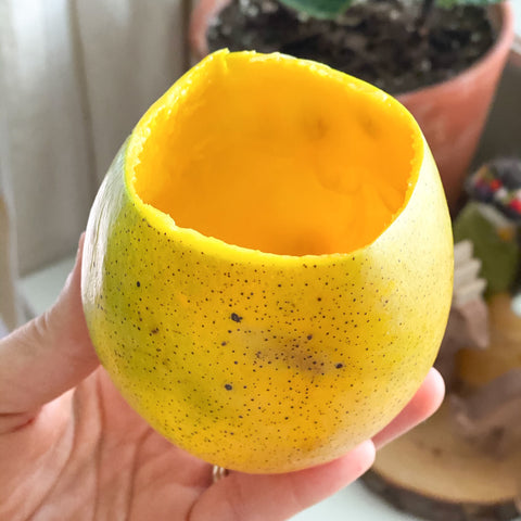 A hand holding a hollowed out mango to be dipped into the beeswax.