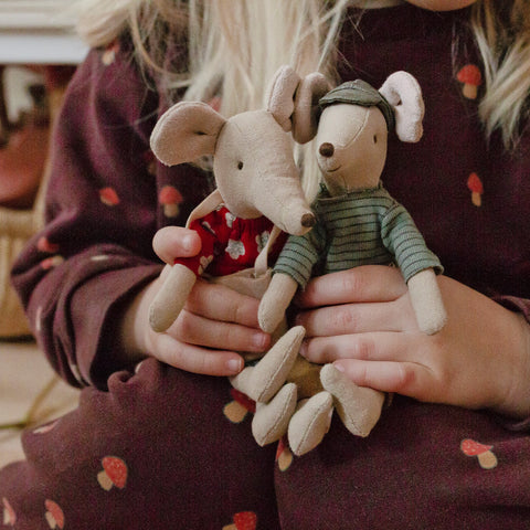 Child's hands holding two maileg mice