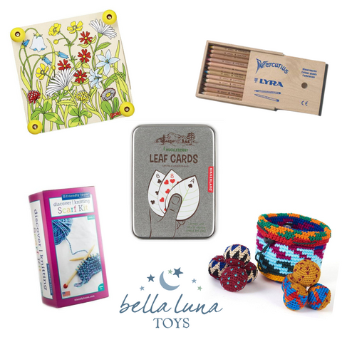 Collection of travel toys for older children with bella luna toys logo at center bottom