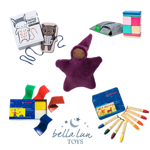 Travel toys for toddlers like waldorf pocket star baby doll and stockmark modeling beeswax with bella luna toys logo at the center bottom