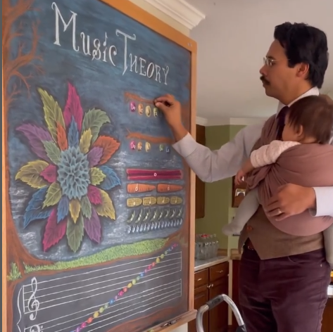 A man with dark hair draws on a waldorf chalkboard while wearing a baby in a ring sling