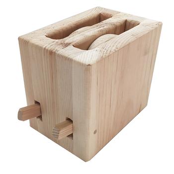 Wooden toaster toy with two slots for pretend food that can be popped up.