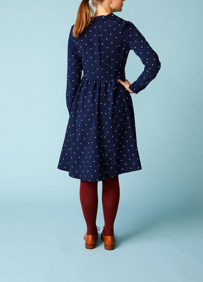 Lindy Bop:Dark blue shirt dress with long sleeves and small white dots