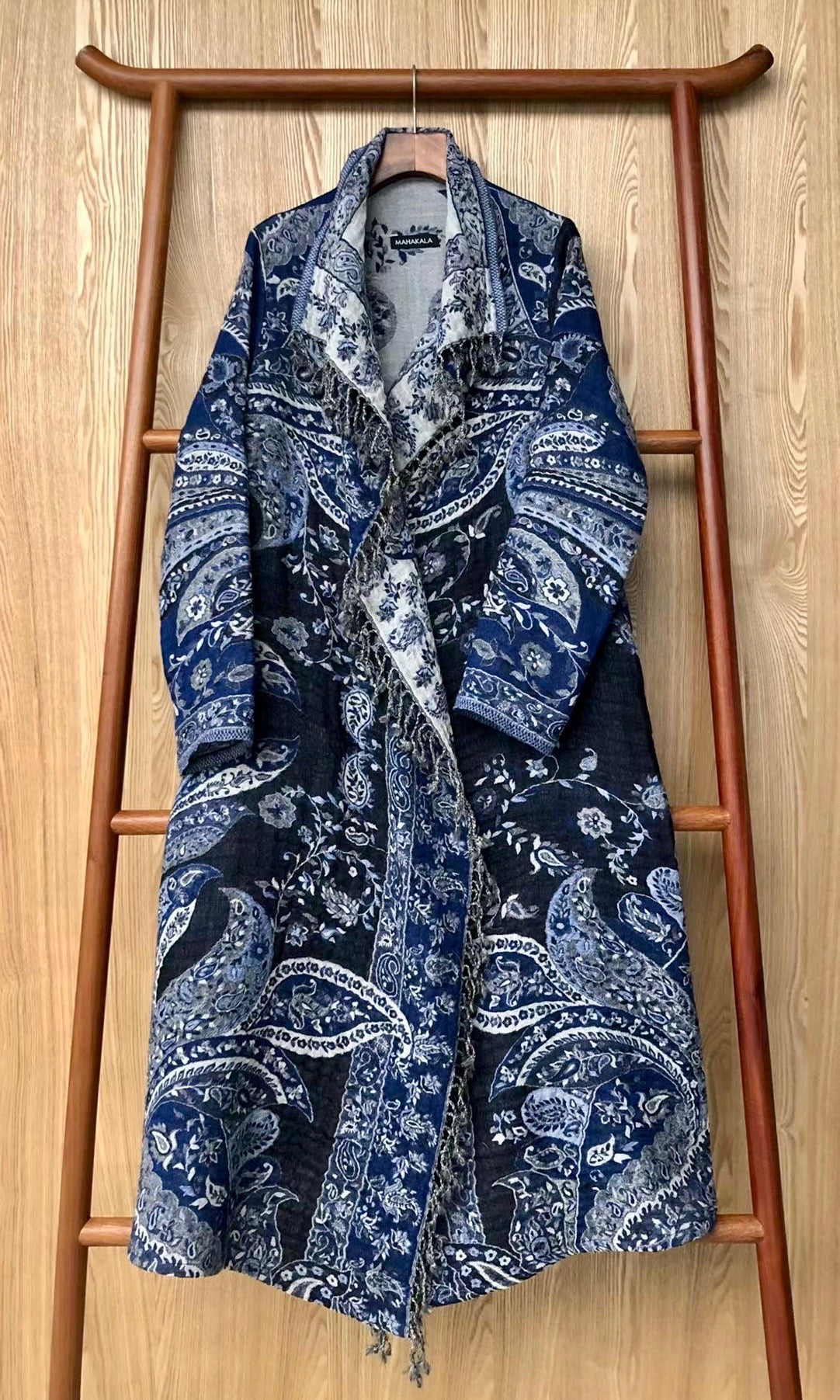 Designer Long Kashmiri Wool Coat - Blues - Mahakala Fine Arts