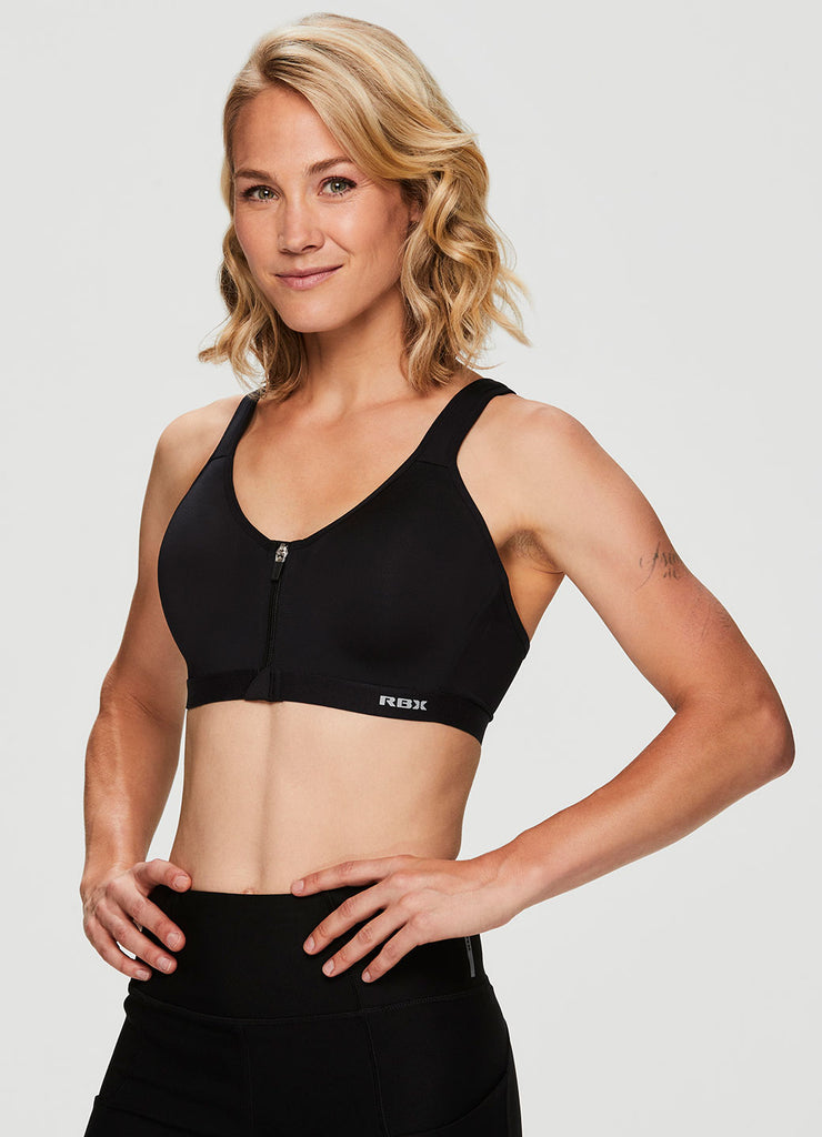 rbx zip front sports bra