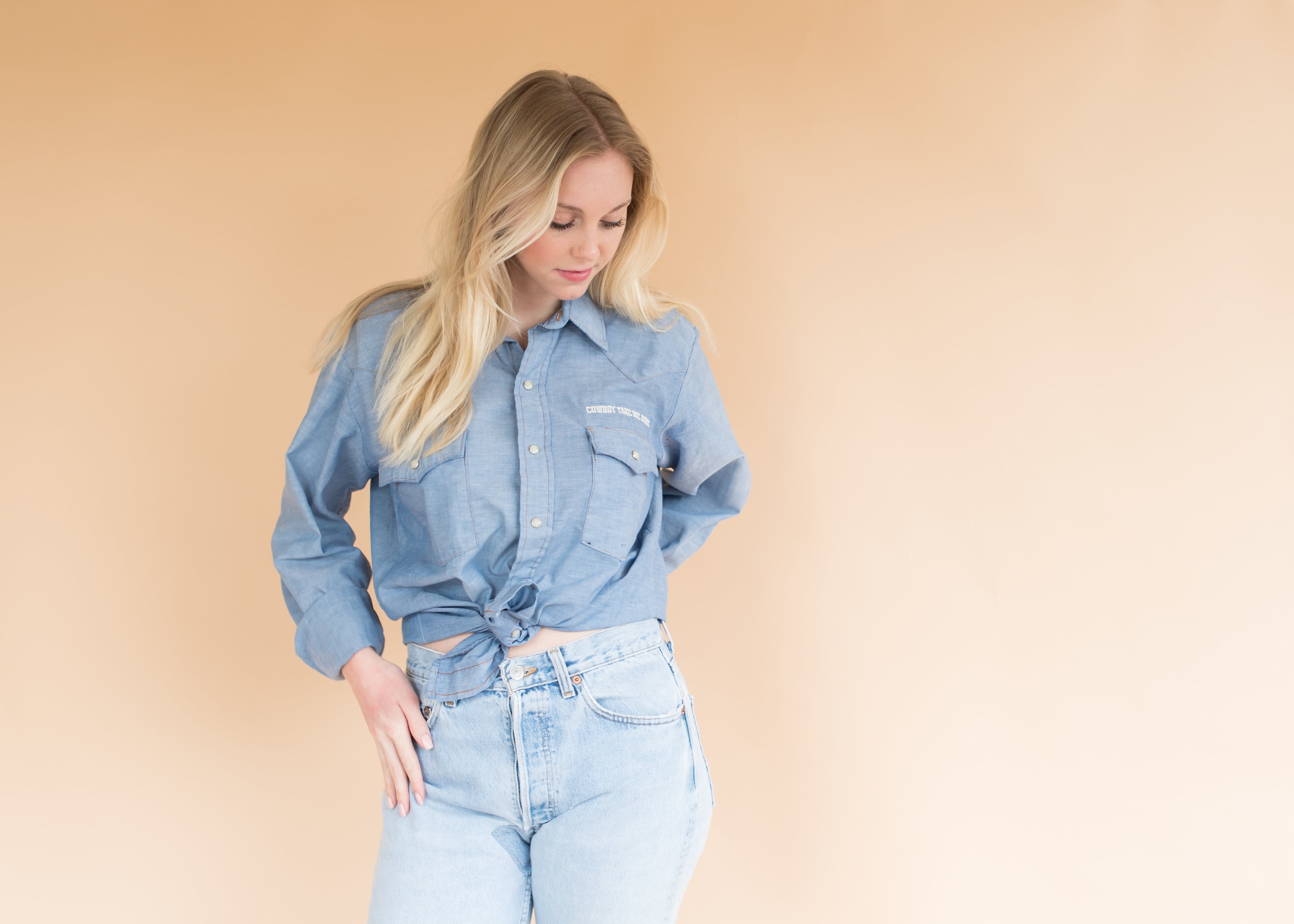 womens denim shirt with pearl snaps