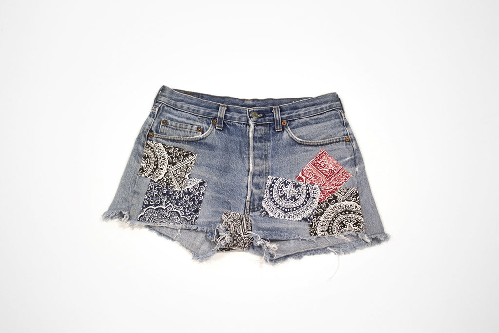 patchwork jean shorts