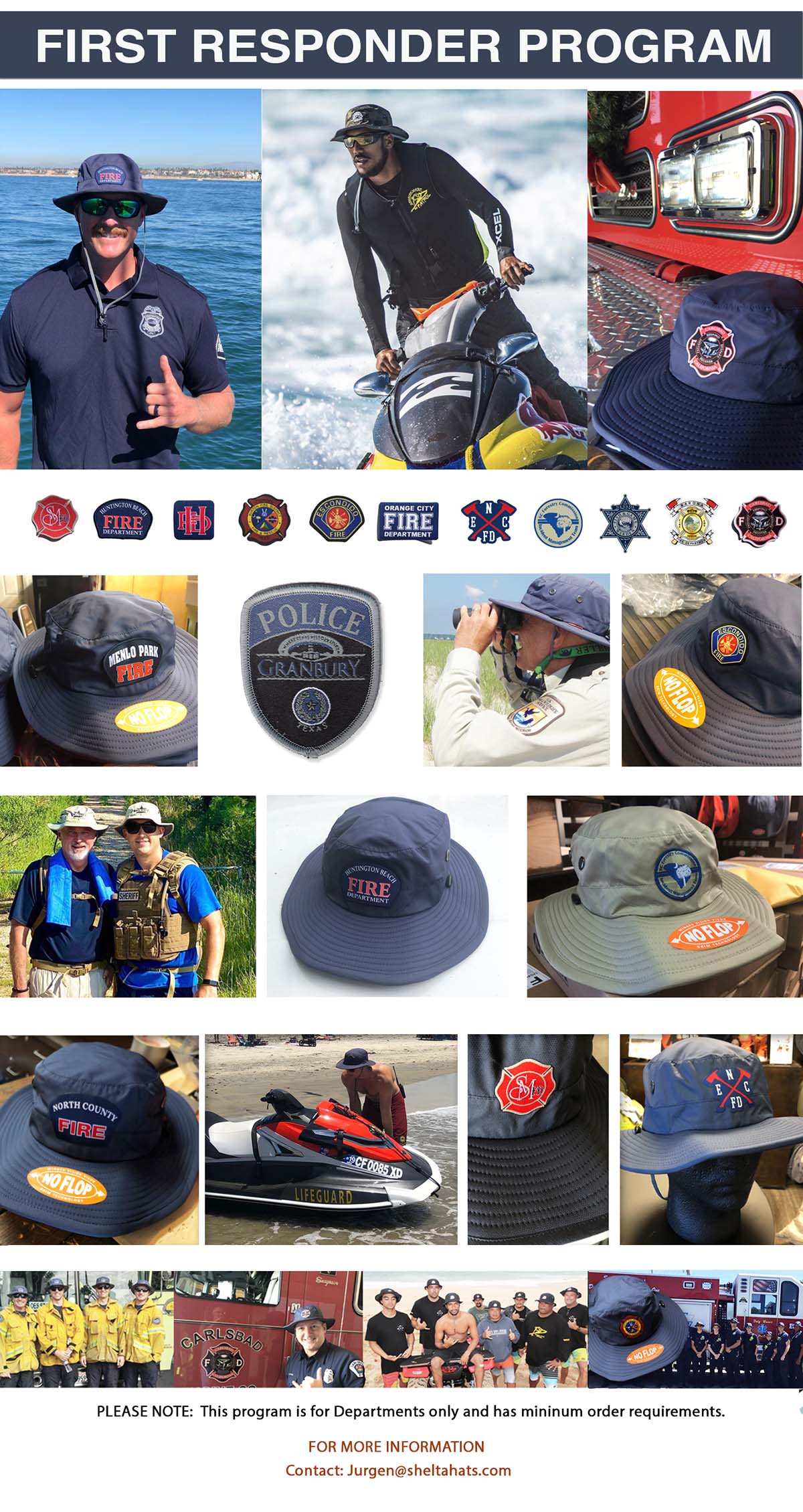 The best sun hat ever made for Lifeguards, Firefighters and Law Enforcement. We are proud to offer a custom program for you men and women out there protecting our safety, property and rights. Working outdoors can expose you to harmful UV rays. Offering you the best sun hat possible that doesn't get in the way while doing your job is our mission.  We offer your logo on a custom woven patch that is sealed to the hat. Please contact Jurgen@sheltahats.com for details on how we can get your department some Shelta! 