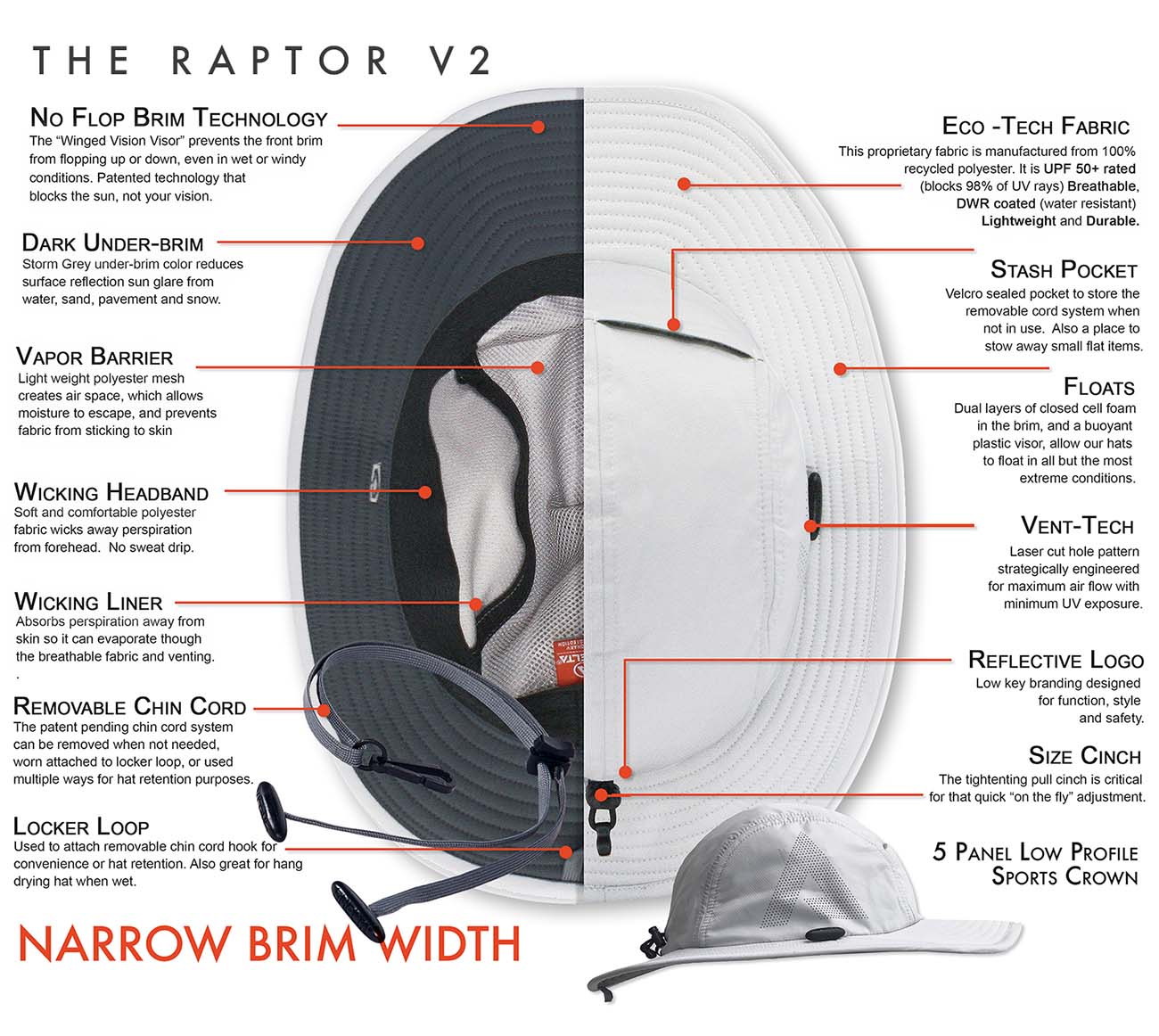 This technical 5 panel crown style has a wider brim for those who desire more shade, but still demand performance. Laser cut venting on the sides, breathable fabric and a multi-panel interior moisture management system makes this style prefect for fitness-based activities or hot climate conditions where heavy perspiration is a concern 