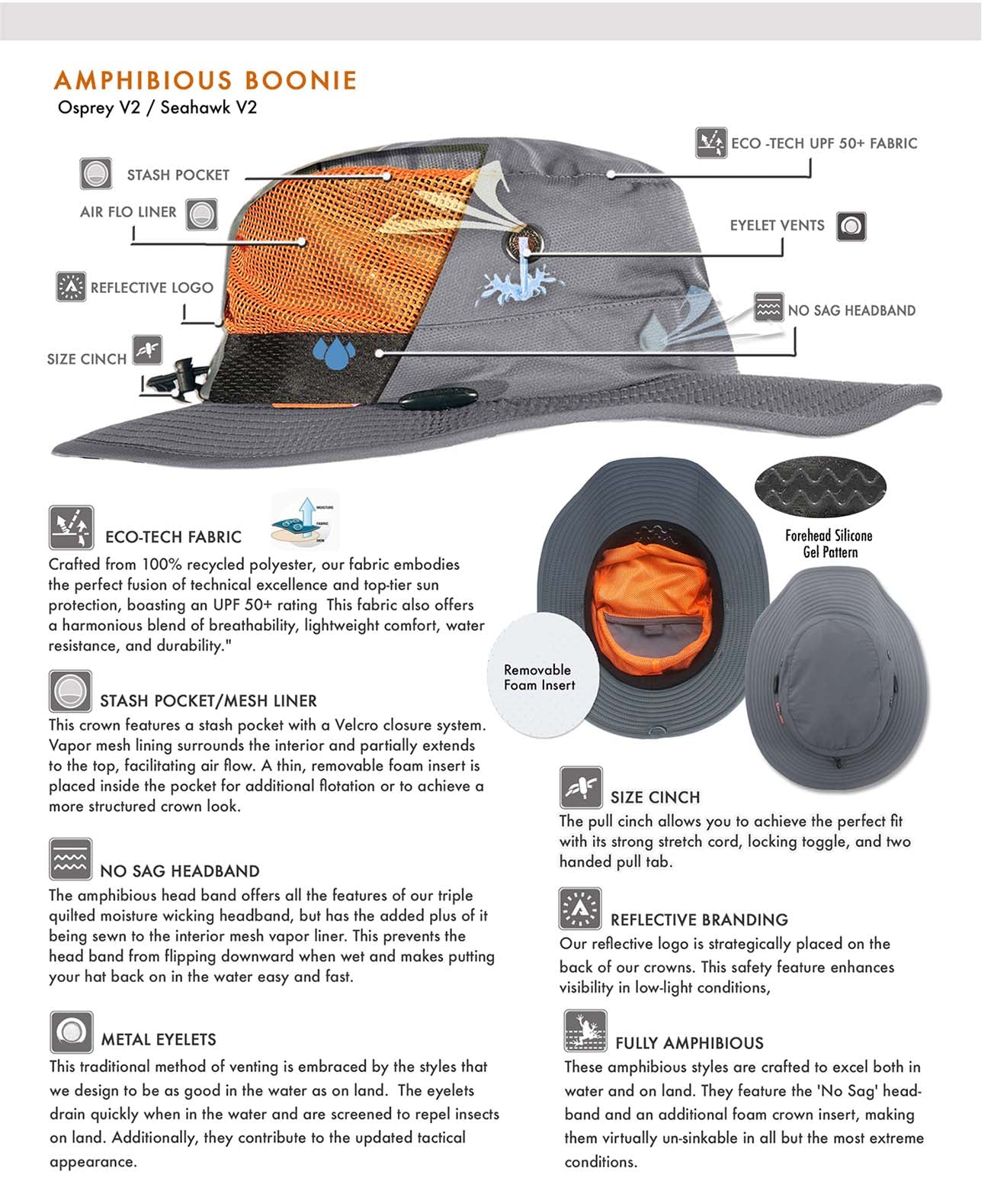 Amphibious Boonie – Osprey V2 and Seahawk V2 Eco-Tech Fabric Crafted from 100% recycled polyester, our fabric embodies the perfect fusion of technical excellence and top-tier sun protection, boasting an UPF 50+ rating This fabric also offers a harmonious blend of breathability, lightweight comfort, water resistance, and durability.&quot; STASH POCKET/MESH LINER This crown features a stash pocket with a Velcro closure system. Vapor mesh lining surrounds the interior and partially extends to the top, facilitating air flow. A thin, removable foam insert is placed inside the pocket for additional flotation or to achieve a more structured crown look. No Sag Headband The amphibious head band offers all the features of our triple quilted moisture wicking headband, but has the added plus of it being sewn to the interior mesh vapor liner. This prevents the head band from flipping downward when wet and makes putting your hat back on in the water easy and fast. METAL Eyelets This traditional method of venting is embraced by the styles that we design to be as good in the water as on land. The eyelets drain quickly when in the water and are screened to repel insects on land. Additionally, they contribute to the updated tactical appearance. Size CINCH The pull cinch allows you to achieve the perfect fit with its strong stretch cord, locking toggle, and two handed pull tab REFLECTIVE BRANDING Our reflective logo is strategically placed on the back of our crowns. This safety feature enhances visibility in low-light conditions,  FULLY AMPHIBIOUS These amphibious styles are crafted to excel both in  water and on land. They feature the &#39;No Sag&#39; head- band and an additional foam crown insert, making them virtually un-sinkable in all but the most extreme conditions.