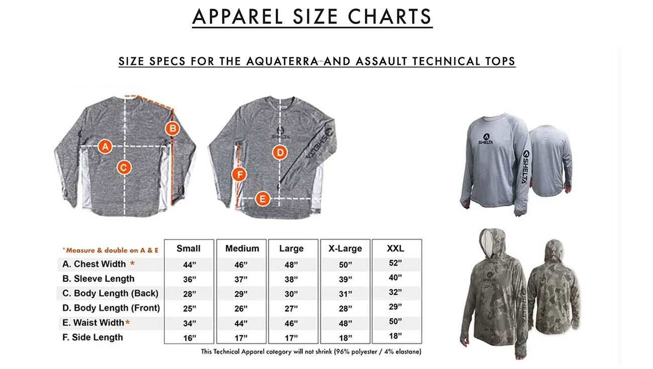 Amphibian And Assualt Shelta UPF 50 Sun shirt Size Chart