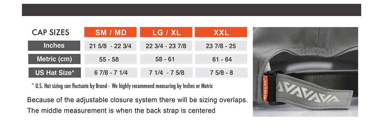 Cap Size Chart, Small Med  is 21 five eights to 22 and three quarter. Large to xl is 22 and three eights to 23 and one half