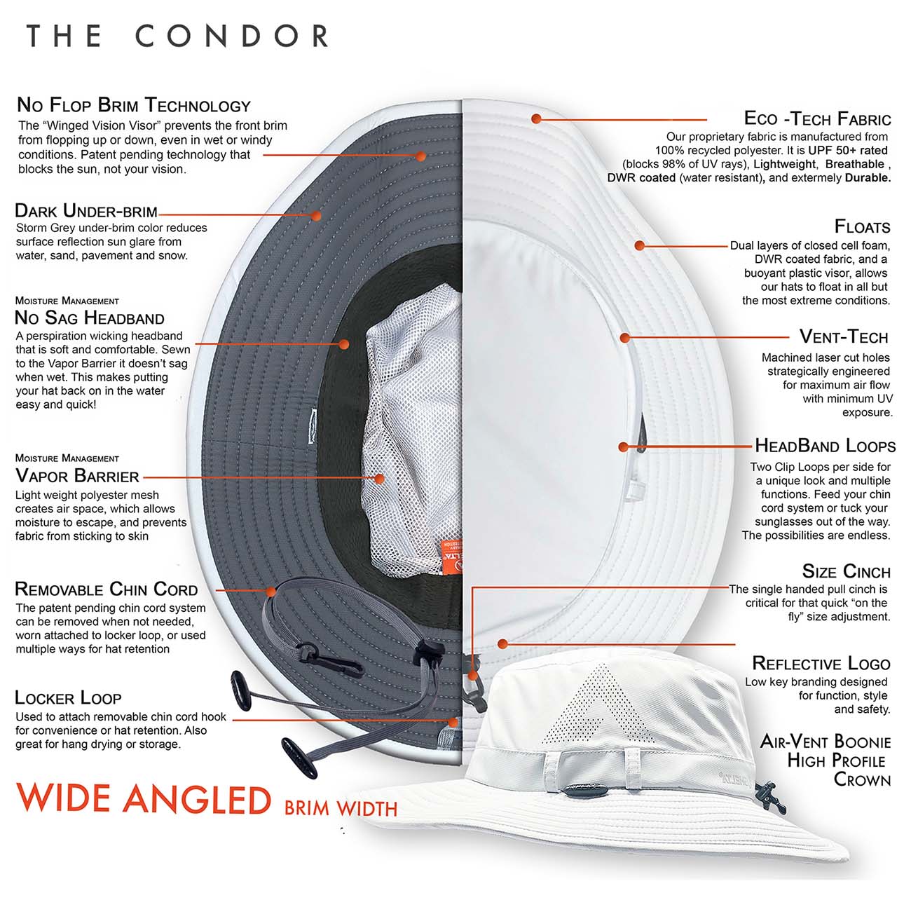 The Condor was created from feedback by our Shelta family who desired a sun hat style designed more for hot conditions and sun protection, than fitness related sports or activities. This more traditional looking style features a deeper crown for air flow and a wider downward angled brim for more UV protection.  A full vapor barrier liner keeps the fabric off of your scalp and allows air to flow through the laser cut venting holes and breathable fabric. Still amphibious, the No Sag headband, No Flop brim technology and the fact it floats, makes the Condor water safe.  Perfect for cruising on the boat, digging in the garden, or just walking on the beach. We did not include a pocket on the Condor, this was done to make the hat lighter