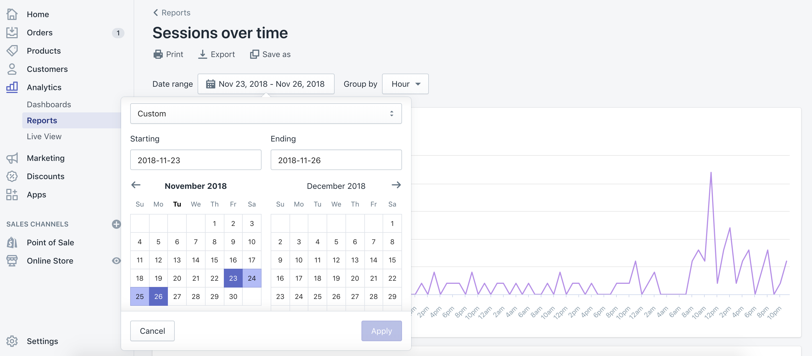 Using Shopify Analytics to look at the data from your store's BFCM performance last year.