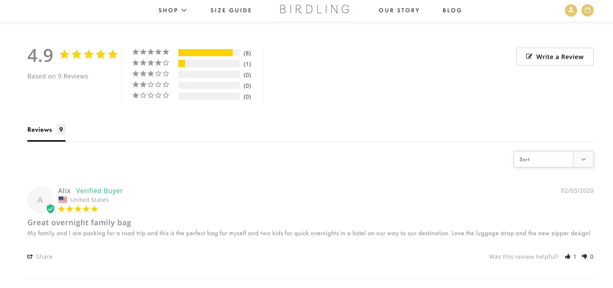 Birdling's review section at the bottom of the product page
