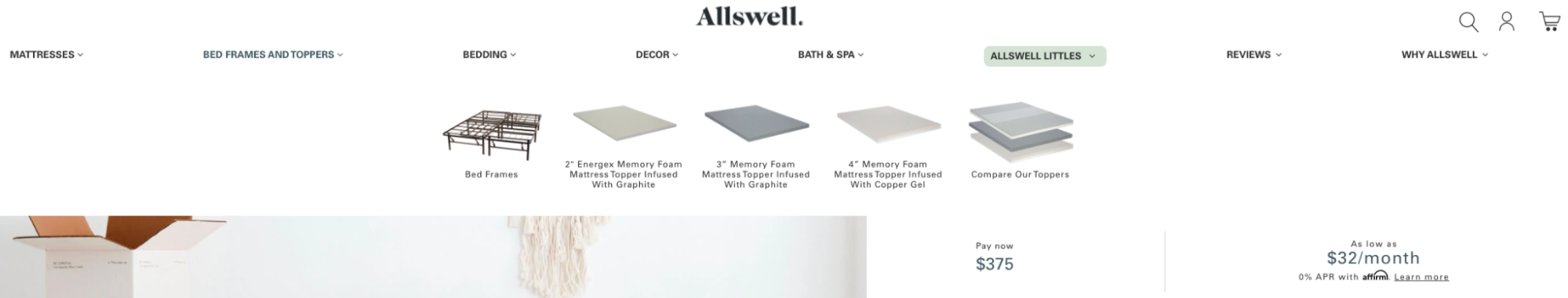 Allswell uses a drop-down function for all of their product collections.