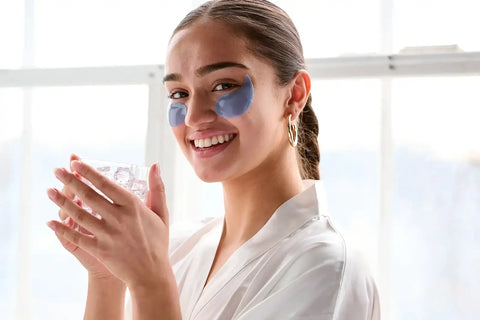 woman wearing on ice under eye patches firming and smoothing eye gels