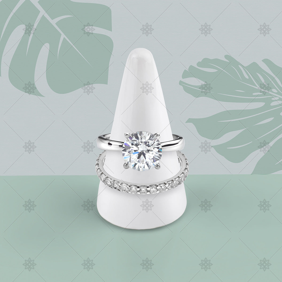 Bridal ring set on white display cone