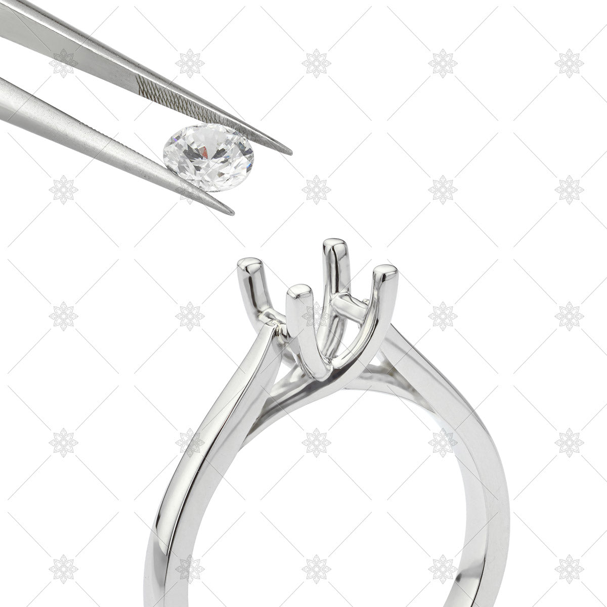 Diamond ring mount with diamond and tweezers