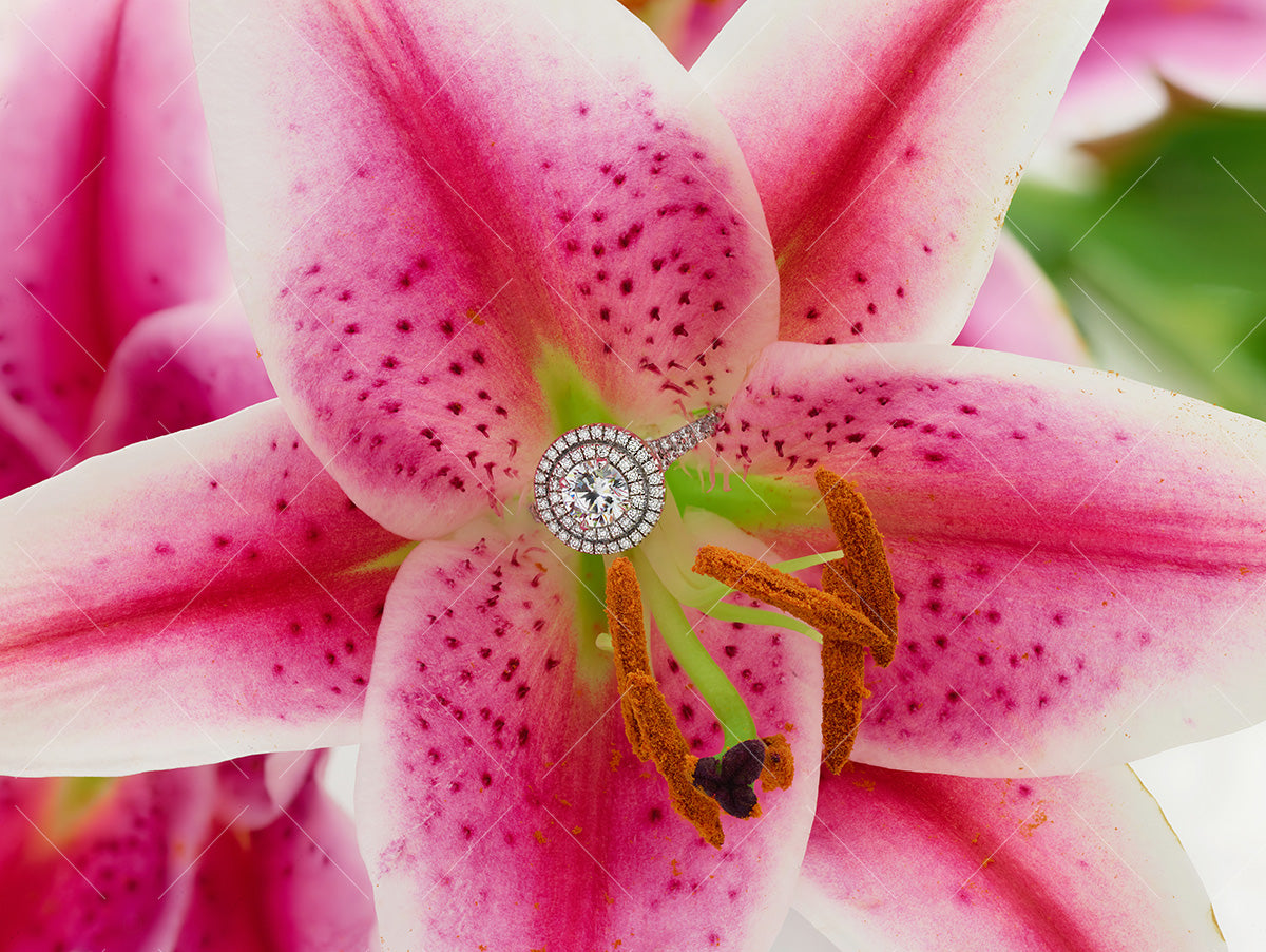 diamond halo ring and pink spring lily