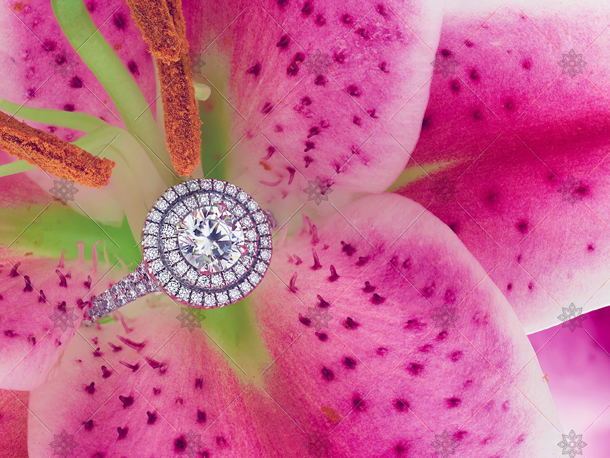 pink lily and diamond halo ring spring scene