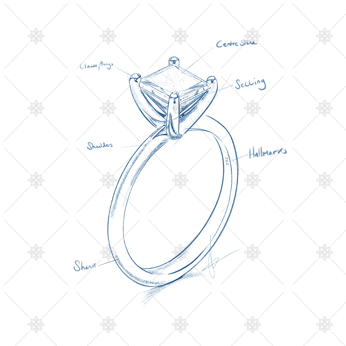 Solitaire Ring Sketch with diamond set shoulders  SK1004  JEWELLERY  GRAPHICS