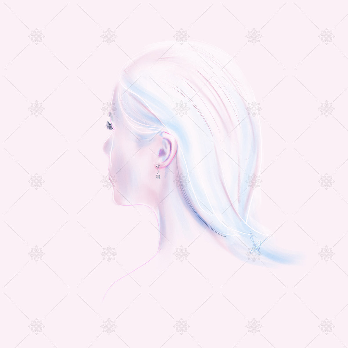 Art sketch of a woman wearing diamond earrings on pink