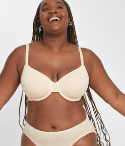 Smiling woman wearing Toasted Almond All-Day T-Shirt Bra in 36DDD by LIVELY