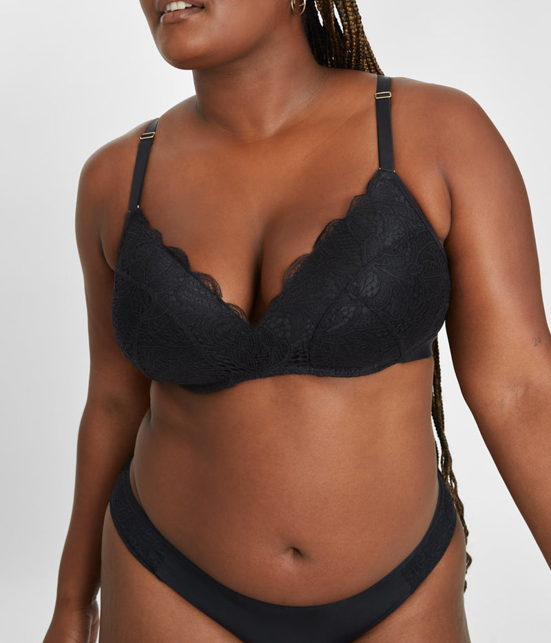 36DDD woman wearing Jet Black Lace No-Wire Push-Up by LIVELY