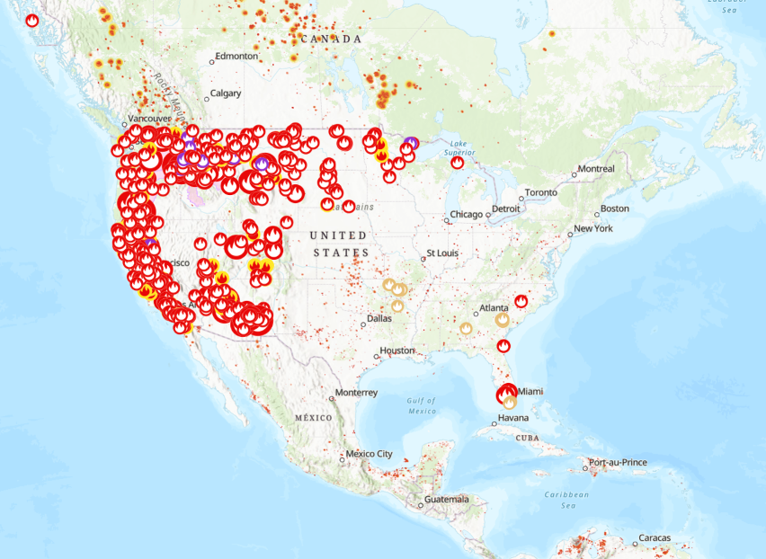 Map of active fires in North America