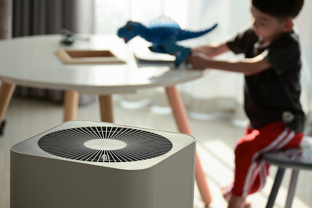 Boy playing with toy next to air purifier