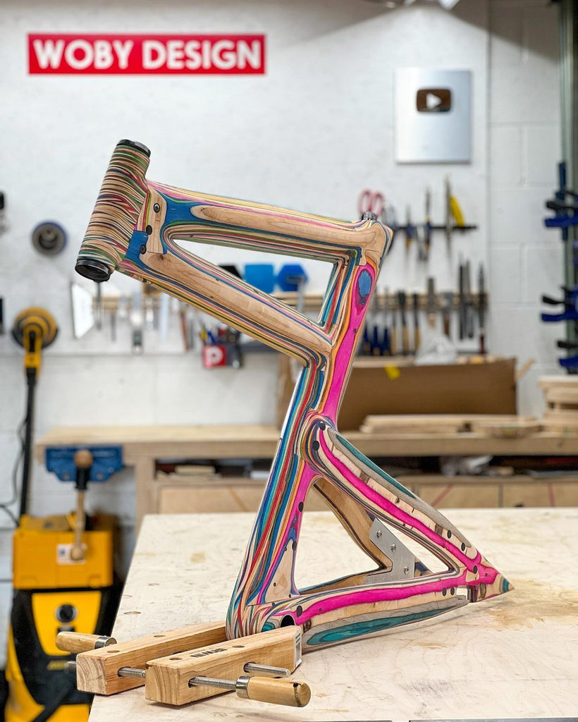 Multicolor wooden bike frame designed by Woby