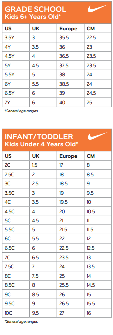 jordan sneaker size chart