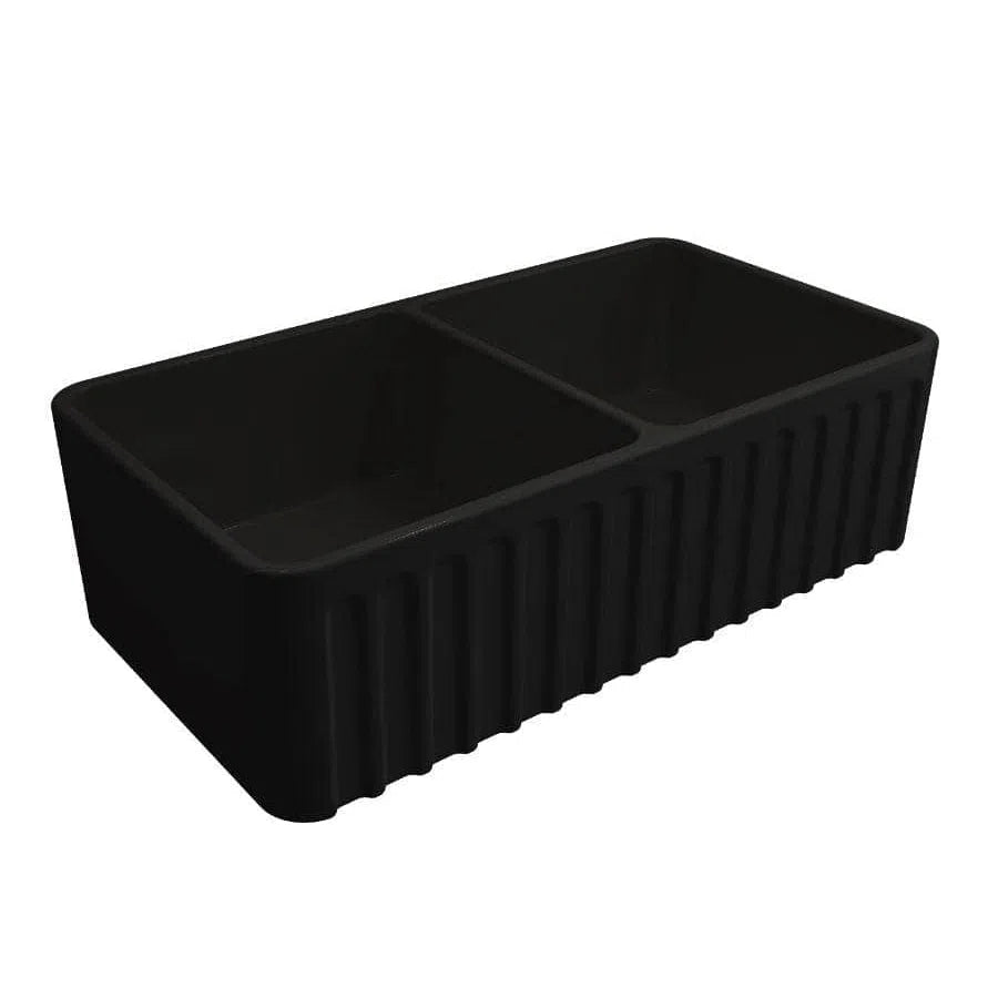 Turner Hastings Novi 85 x 46 Double Bowl Fine Fireclay Butler Sink - Matte Black Double-Sided Flat Front and Ribbed Front