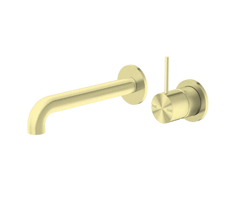 Nero Mecca Wall Basin Mixer Separate Back Plate Handle Up 160mm Spout Brushed Gold