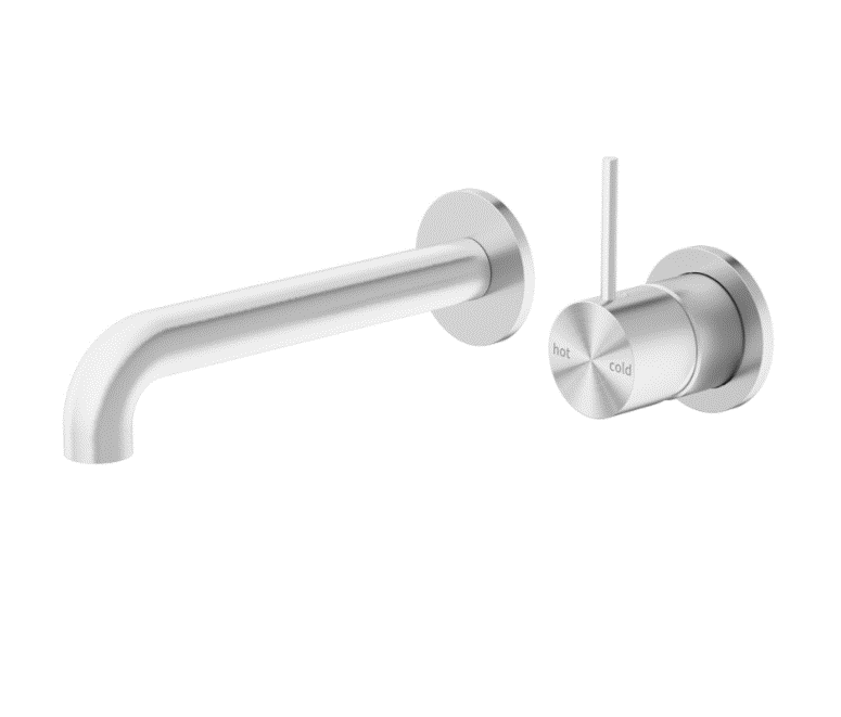 Nero Mecca Wall Basin Mixer Separate Back Plate Handle Up 160mm Spout Brushed Nickel