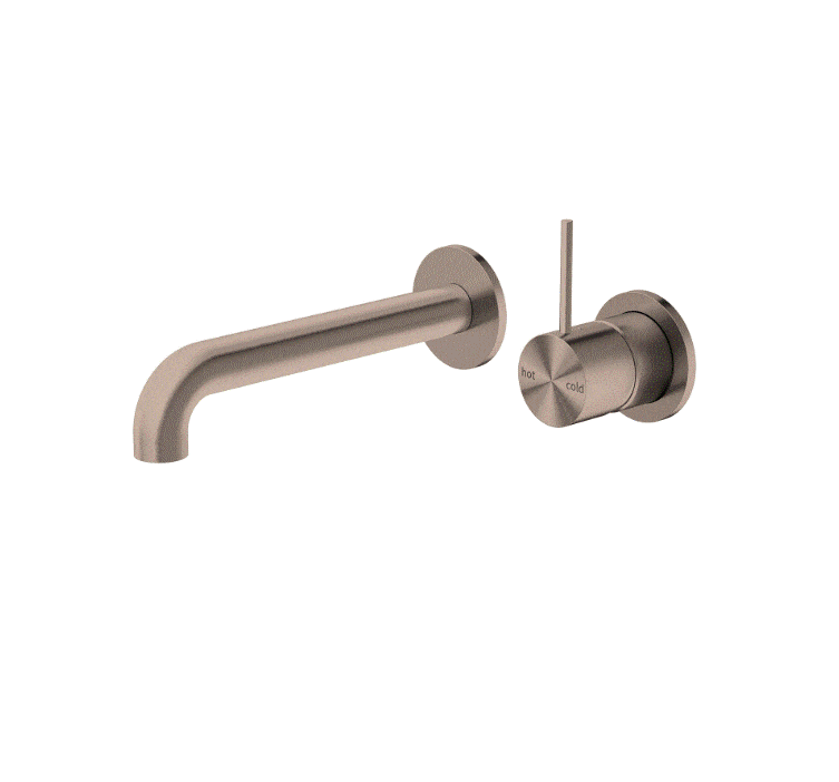 Nero Mecca Wall Basin Mixer Separate Back Plate Handle Up 185mm Spout Brushed Bronze